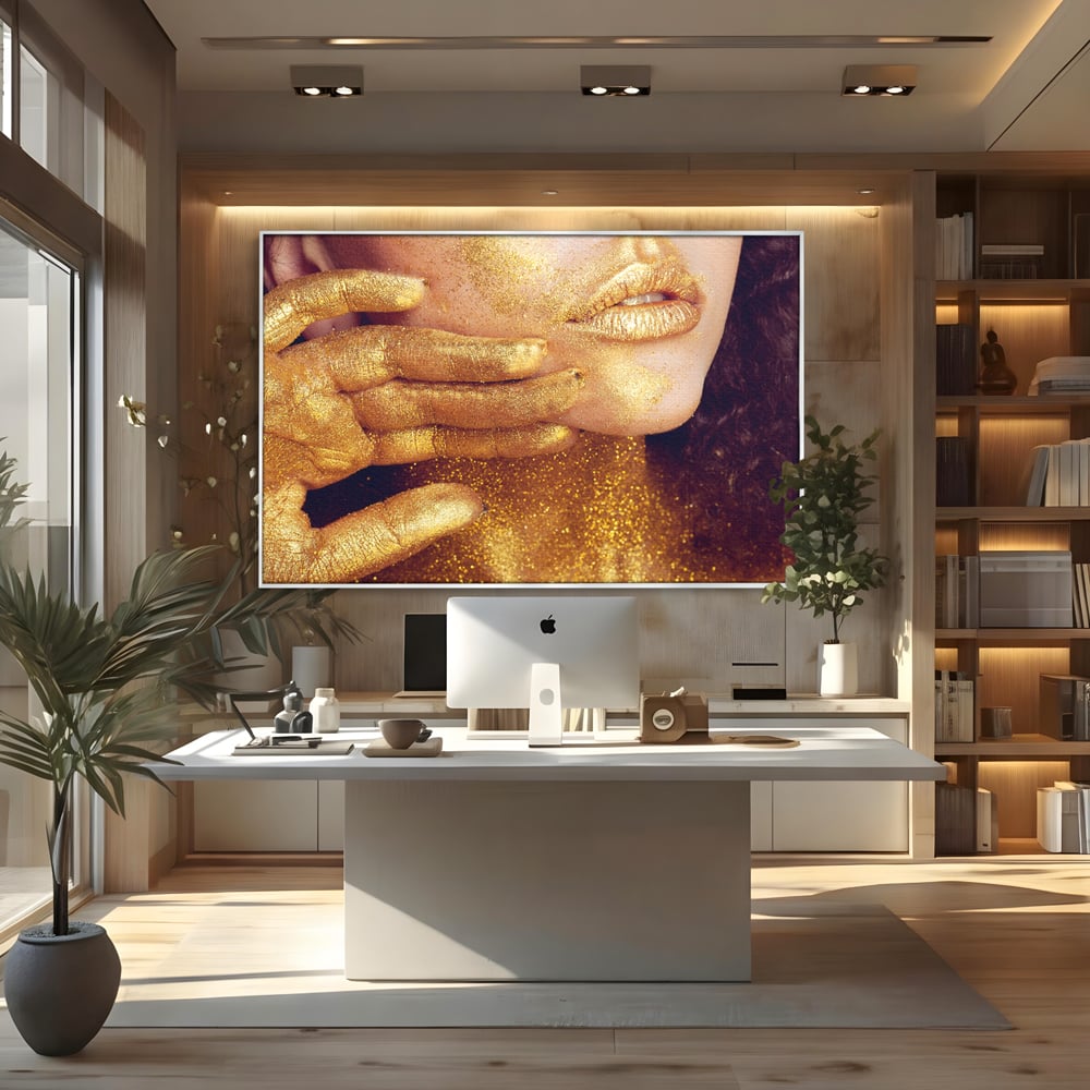 Tablou canvas cu tablou canvas cu portret feminin auriu, in rama de aluminiu argintiu, pe perete intr-un birou